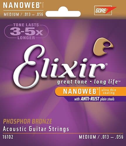 Elixir 16102 Nanoweb Phosphor Bronze Medium Acoustic Guitar Strings .013-.056