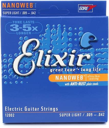 Elixir 12002 Nanoweb Nickel Plated Steel Super Light Electric Guitar Strings, .009 - .042