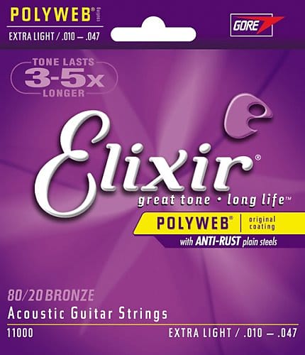 Elixir 11000 Polyweb 80/20 Bronze Extra Light Acoustic Guitar Strings, .010 - .047