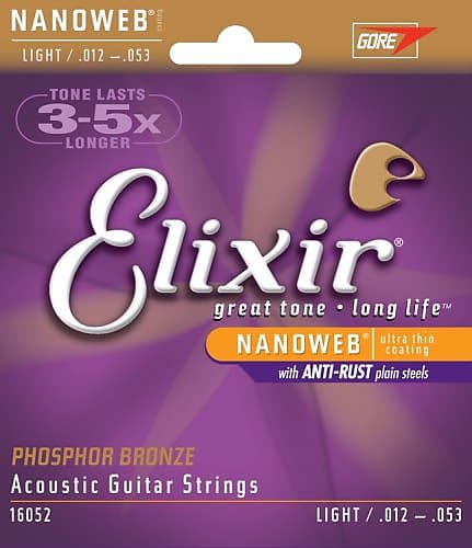 Elixir 16052 Nanoweb Phosphor Bronze Light Acoustic Guitar Strings, .012 -.053