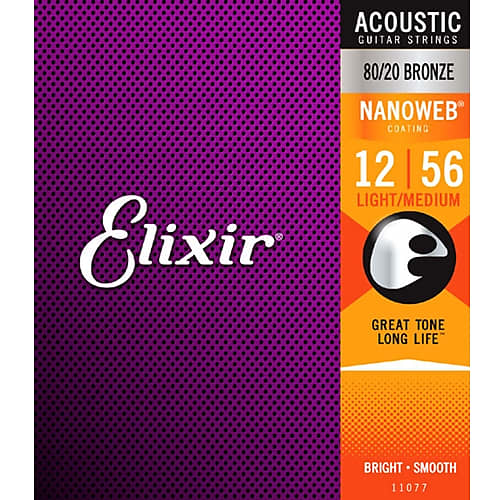 Elixir 11077 Nanoweb 80/20 Bronze Light Medium Acoustic Guitar Strings .012-.056