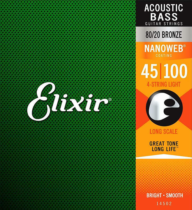Elixir 14502 Nanoweb 80/20 Bronze 4 String Light Acoustic Bass Strings .045-.100