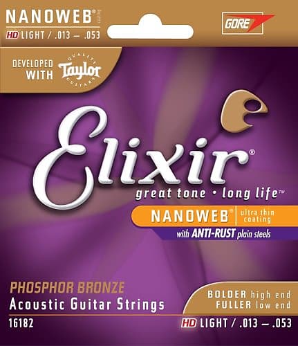 Elixir 16182 Nanoweb Phosphor Bronze Hi Def Light Acoustic Guitar String,  .013/.053