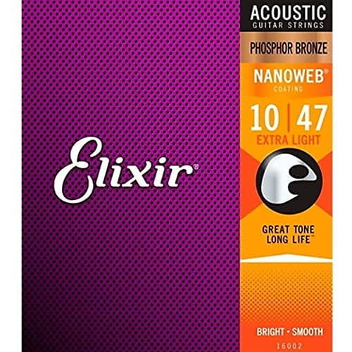 Elixir 16002 Nanoweb Phosphor Bronze Extra Light Acoustic Guitar Strings, .010 - .047