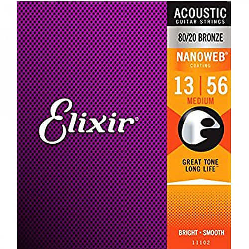 Elixir 11102 Nanoweb 80/20 Bronze Medium Acoustic Guitar Strings, .013/.056