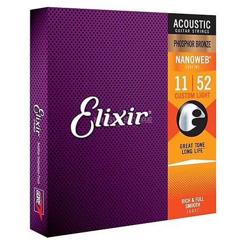 Elixir 16027 Nanoweb Phosphor Bronze Custom Light Acoustic Guitar Strings, .011/.052