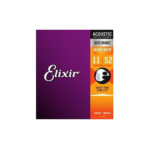 Elixir 11027 Nanoweb 80/20 Bronze Custom Light Acoustic Guitar Strings. .011/.052