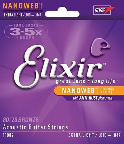 Elixir 11002 Nanoweb 80/20 Bronze Extra Light Acoustic Guitar Strings, .010 - .047