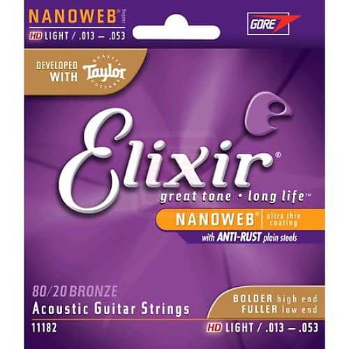 Elixir 11182 Nanoweb 80/20 Bronze HI-Def Light Acoustic Guitar Strings, .013 - .053