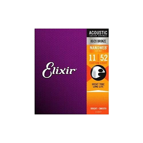 Elixir 11027 Nanoweb 80/20 Bronze Acoustic Guitar Strings. .011/.052