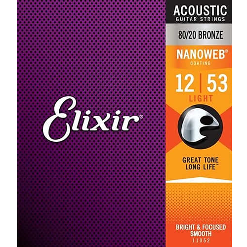 Elixir 11052 Nanoweb 80/20 Bronze Light Acoustic Guitar Strings, .012 - .053